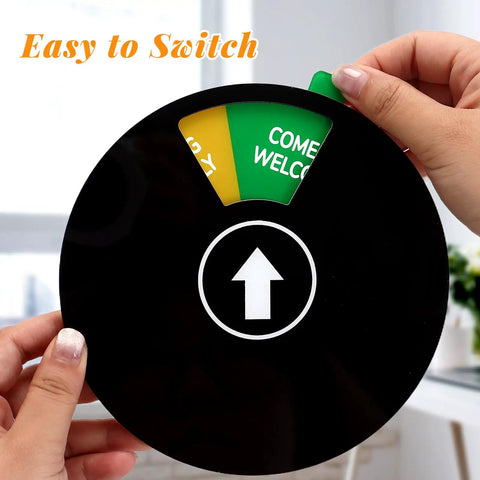 Person holding Six Color Coded 6 Inch Black Round Door Sign For Your Work Space Privacy with Come In Welcome showing