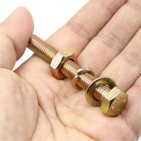 144 Piece M6 Hex Bolts Nuts Washers Set Six Sizes 20 To 70mm Beefy Heavy Duty Stainless Steel Fastener Kit For Home Garage And Workshop Projects Durable Threads Easy Fastening, M6 bolt with nuts and washers in hand
