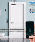 Smart Magnetic Door Lock Kit With 2.4GHz Wireless WiFi Access Control on white door, remote and smartphone app control interface shown.