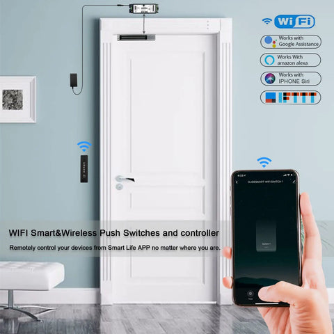 Smart Magnetic Door Lock Kit With 2.4GHz Wireless WiFi Access Control on white door, remote and smartphone app control interface shown.
