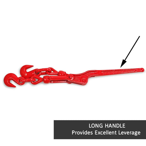 Red forged steel handle of Beefed-Up Chain Binders 1/2 to 5/8 Inch, Pack Of 2, 13,000 Lb Working Load Limit highlighted for leverage.