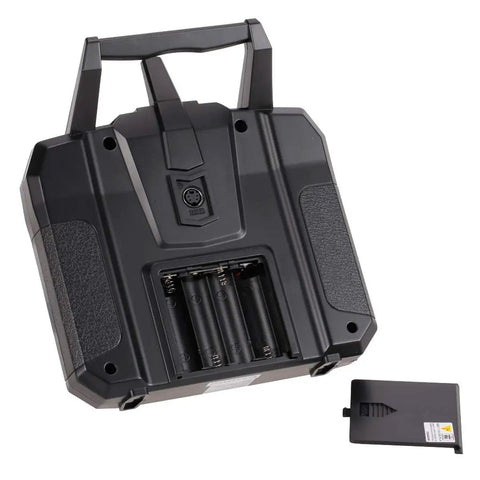Back view of 6CH To 10CH Radio Transmitter With IA6B Receiver 2.4GHz AFHDS 2A, showing battery compartment open, rugged build.