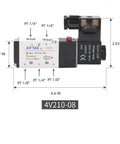 Side view of DC Twelve Volt Solenoid Valve For Pneumatic Systems, 4V210-08 Two Position Five Way Electric, aluminum body, 1/4in PT ports.