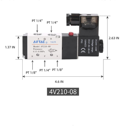 Side view of DC Twelve Volt Solenoid Valve For Pneumatic Systems, 4V210-08 Two Position Five Way Electric, aluminum body, 1/4in PT ports.