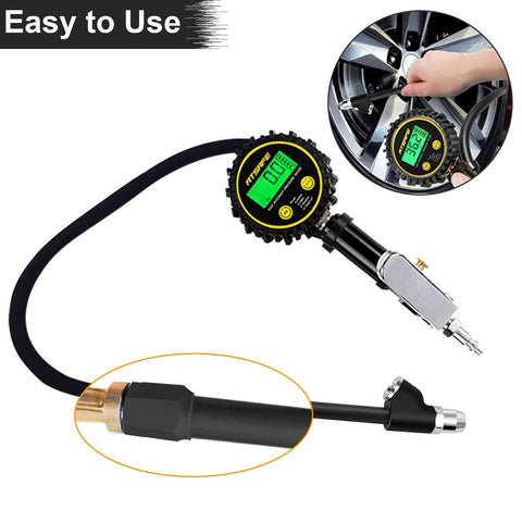 Extended Reach Dual Head Air Chuck Set With Quick Plug for Cars, Bikes, and Motorcycles, featuring digital gauge and FNPT straight chuck