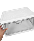 Clear Stackable Storage Bins With Transparent Slide Front Doors Absolute Game Changer Closet Organization And Bedroom Decluttering Zero Stress Everyday Gear Tidy Up, white box held in hand.