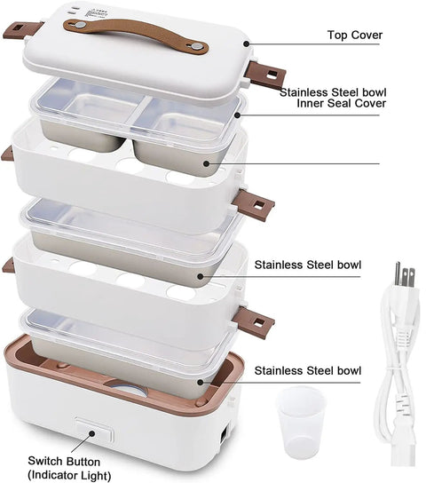 Electric Lunch Box Warmer On The Go Grab And Go 300W 110V Wall Plug 3 Layer 800ML Stainless Steel Containers Portable Food Warmer
