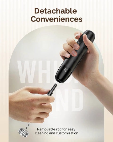 Rechargeable Milk Frother Handheld USB C Foam Maker With Detachable Stainless Steel Whisk shown in hand with detachable part