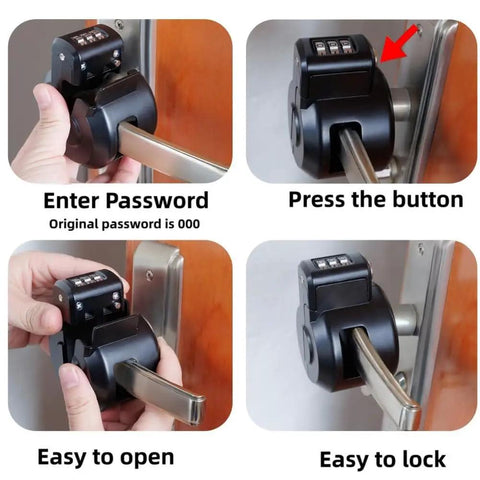 Door Handle Lockout Device Cover With Code To Disable Door Handle Temporary Combination Lock For Bedroom From Outside Knob Easy To Use Security Lockout Tool For Home Quick Install shown installed on door