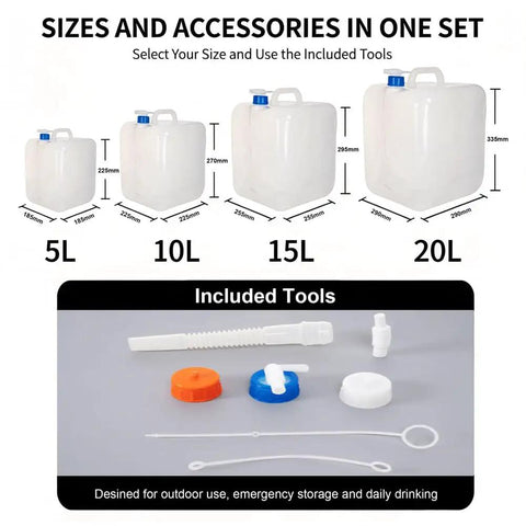Collapsible 1.3 Gallon Water Container Two Pack BPA Free Camping Water Jug For Outdoors with size and tool options shown