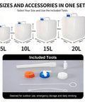 Various sizes of 5L, 10L, 15L, and 20L collapsible water containers with included tools for camping and travel.