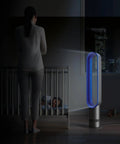 Woman and child with Bladeless Tower Fan With Air Multiplier Technology Delivers Smooth, Amplified Airflow, Modern Iron Blue Finish