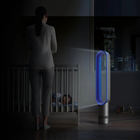 Woman and child with Bladeless Tower Fan With Air Multiplier Technology Delivers Smooth, Amplified Airflow, Modern Iron Blue Finish