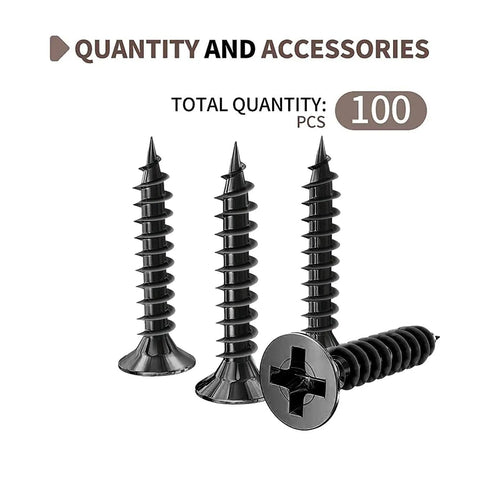 Pro Level Heavy Duty Size 4 X Half Inch Flat Head Self Tapping Wood Screws M3 X 12mm Carbon Steel Black Oxide Rust Proof Fasteners in pack of 100.