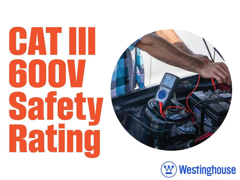 600V True RMS Auto Ranging Multimeter With Large Screen And Relative Mode Great For DIY And Pros Measures Voltage Current Resistance Capacitance Frequency Temperature Includes Case And 2 Year Warranty being used on car engine with CAT III 600V safety rating.
