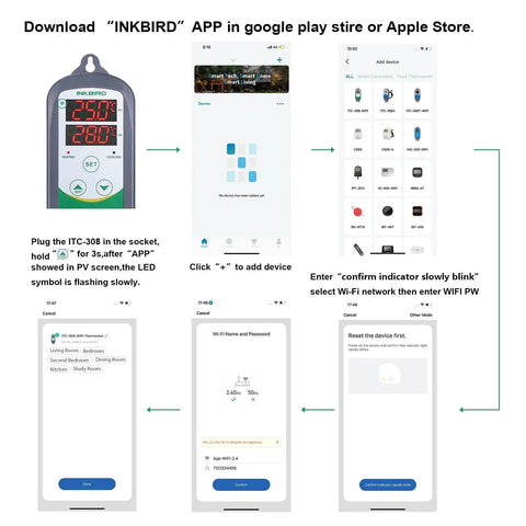 Smart WiFi ITC308 Digital Temperature Controller setup guide with app interface for home brewing and greenhouse monitoring.