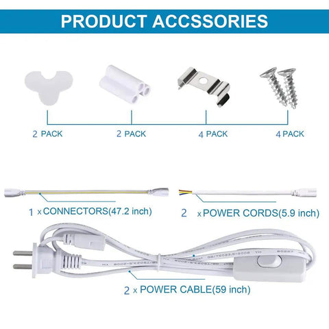 Accessories for Two Pack 2Ft LED T8 Integrated Shop Light Fixture with connectors, power cords, and mounting screws.
