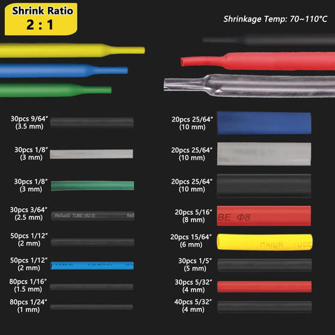 Detailed view of Two To One Heat Shrink Tubing Kit With 300W Mini Heat Gun 580 Pcs Shrink Tubing in various sizes and colors