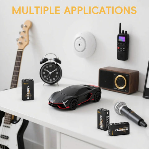 Long-Lasting 9V Carbon Zinc Batteries 6F22 Pack of 4 displayed with guitar, microphone, alarm clock, and smoke detector