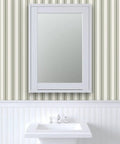 Grain Sack Stripe PVC Free Wallpaper Featuring Refined Linen Texture in bathroom setting with sink and mirror.