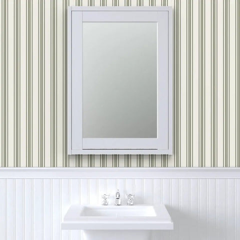Grain Sack Stripe PVC Free Wallpaper Featuring Refined Linen Texture in bathroom setting with sink and mirror.