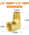 Five Pack 90 Degree Brass Pipe Elbows, 1/4 Inch NPT Male To 1/4 Inch NPT Female Fittings dimensions diagram