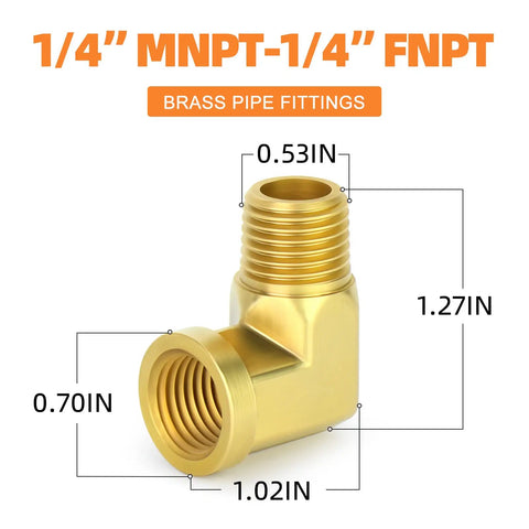 Five Pack 90 Degree Brass Pipe Elbows, 1/4 Inch NPT Male To 1/4 Inch NPT Female Fittings dimensions diagram