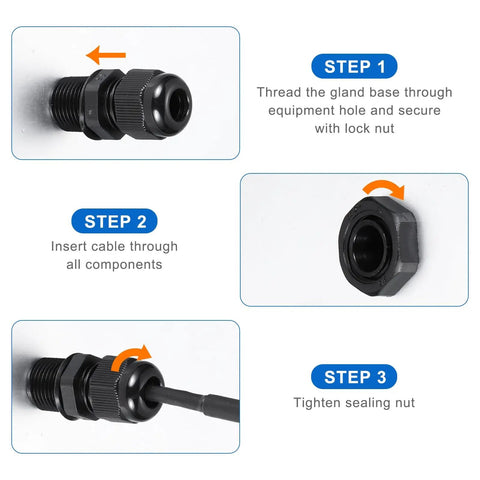 Installation steps for 2 Pcs NPT1/2 Cable Glands Pro Grade Adjustable 6-12mm PA66 Nylon IP68 Waterproof Connectors