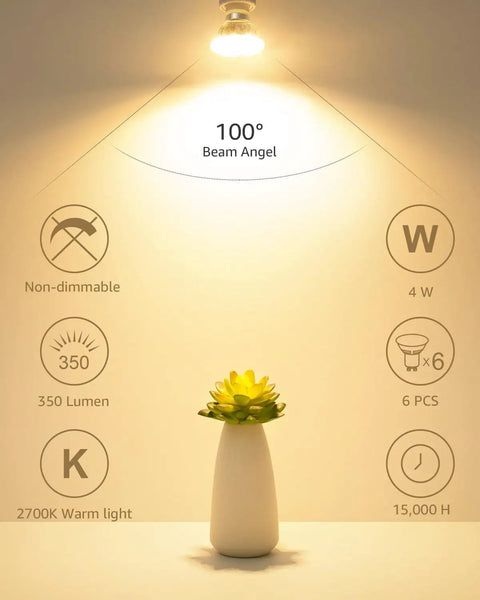 Straight Forward Top Notch GU10 Led Bulbs 4 Watt 350 Lumen 2700K Soft White Non Dimmable Track And Recessed Lighting Bulbs No Hassle Quick Install Solid 6 Pack Collection illuminating a plant.