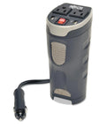 Slip Right In Road Trip Ready 200 Watt Car Power Inverter with dual AC outlets, compact design for cup holders, USB ports.
