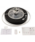 WEvalMC Ceiling Fan Light with Control Modern 5 Blades 3 Color Temperatures, remote, motor and instructions laid flat for setup.