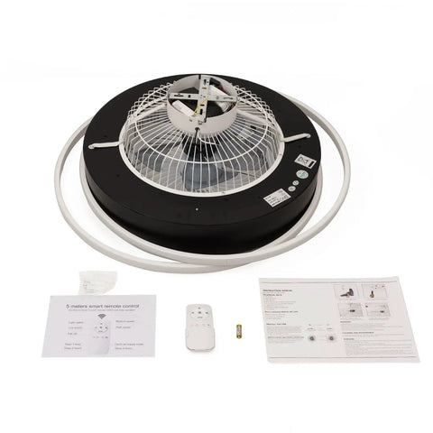 WEvalMC Ceiling Fan Light with Control Modern 5 Blades 3 Color Temperatures, remote, motor and instructions laid flat for setup.