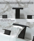 Deck Mount Roman Tub Faucet Set With 3 Hole Mount Dual Handle High Flow Matte Black Waterfall Spout installed on bathtub