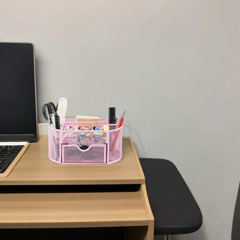 Desk Organizer With Pencil Holder And Drawer, 8 Compartments For Home Office And School, Cherry Blossom Pink on desk corner