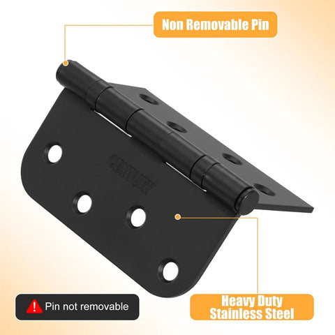 Six Pack Self Closing Door Hinges 4 Inch Black Ball Bearing Matte Black Spring Loaded Hinges For Interior And Exterior Doors With Adjustable Tension Five Eighths Radius Corner, showing hinge with non-removable pin