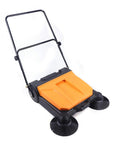 Heavy Duty 26 Inch Walk Behind Floor Sweeper Foldable Workhorse For Warehouse Street And Garage Easy Manual Push Operation Smooth Rolling Design Cleans Carpet Or Concrete Without Breaking A Sweat, shown from front angle, orange and black design.