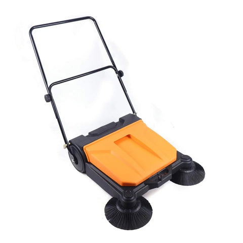 Heavy Duty 26 Inch Walk Behind Floor Sweeper Foldable Workhorse For Warehouse Street And Garage Easy Manual Push Operation Smooth Rolling Design Cleans Carpet Or Concrete Without Breaking A Sweat, shown from front angle, orange and black design.