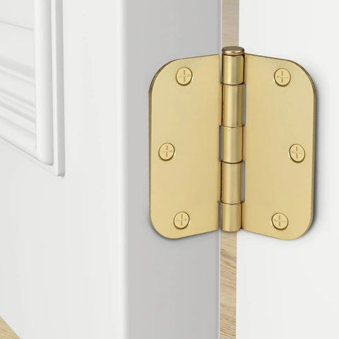 Gold door hinge attached to a white door with 5/8 radius corner, showcasing smooth quiet closing from 30 Pack Beefy Brushed Nickel Door Hinges For Interior Doors 3.5 Inch With 5/8 Radius Corner Removable Pin Satin Nickel Silver Durable Rust Resistant Heavy Duty Smooth Quiet Closing
