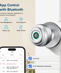Fingerprint Door Lock With Biometric Thumbprint, App Control, And Key Access shown on door with phone app interface.