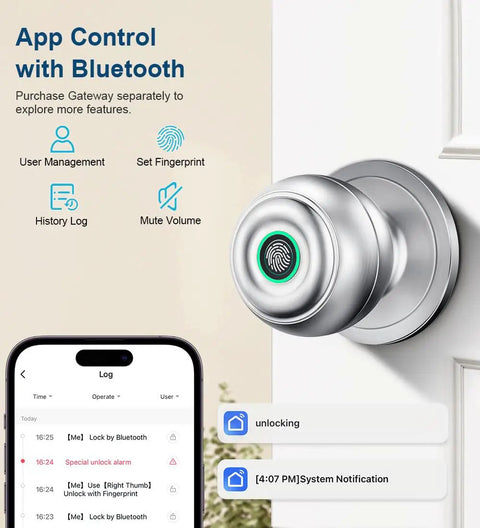 Fingerprint Door Lock With Biometric Thumbprint, App Control, And Key Access shown on door with phone app interface.