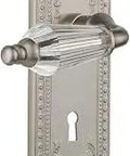 Side view of Old School Meadows Plate With Keyhole Parlor Lever Privacy Door Hardware, satin nickel with lead crystal knob.