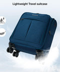 Ultra Lightweight 16 Inch Underseat Carry On Luggage With 360 Degree Spinner Wheels, FAA Approved, Blue, close up of front with wheels.