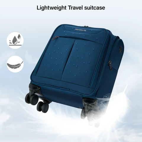 Ultra Lightweight 16 Inch Underseat Carry On Luggage With 360 Degree Spinner Wheels, FAA Approved, Blue, close up of front with wheels.