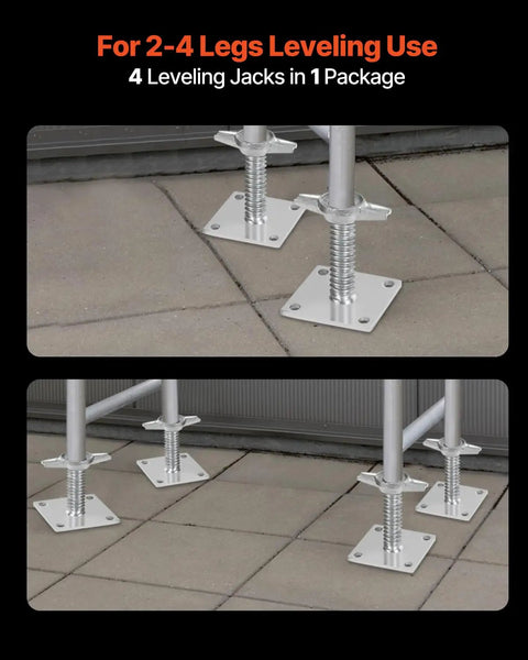 Four Pack Beefy Adjustable Leveling Jacks For Baker Style Scaffolding installed on concrete surface