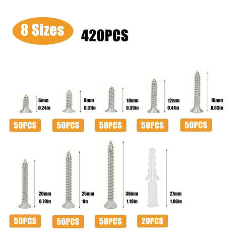 All Purpose Stainless Steel Wood Screws Set 420 PC Assortment Kit With Flat Head Phillips Drive Self Tapping Screws 8 Sizes From 6mm To 30mm