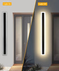 2 Pack Outdoor Wall Lights 32 Inch 24W IP65 Frosted Acrylic LED Modern Rectangular Black Wall Fixtures For Bathroom Balcony Porch Courtyard Exterior Living Space showcasing light on and off