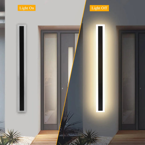2 Pack Outdoor Wall Lights 32 Inch 24W IP65 Frosted Acrylic LED Modern Rectangular Black Wall Fixtures For Bathroom Balcony Porch Courtyard Exterior Living Space showcasing light on and off