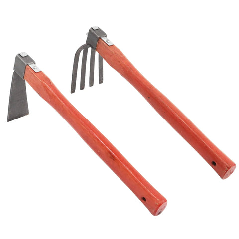 Heavy Duty Garden Tool Set 2 Piece Cultivator Kit With Carbon Steel Hoe And Rake, 15.2 Inch Wooden Handles, side view