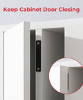 Sturdy 3 Pack Cabinet Magnets That Lock Like A Champ With Double Magnet Power keeping doors shut tight on white cabinet.