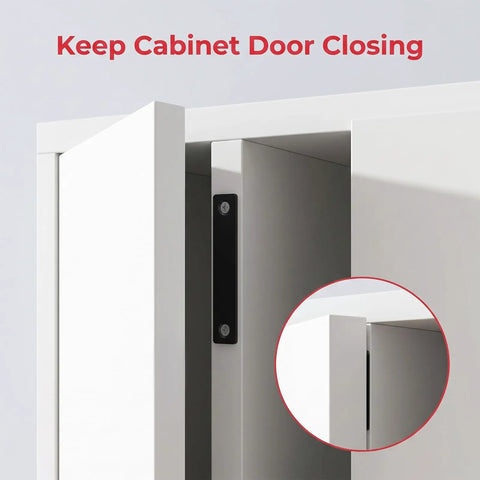 Sturdy 3 Pack Cabinet Magnets That Lock Like A Champ With Double Magnet Power keeping doors shut tight on white cabinet.